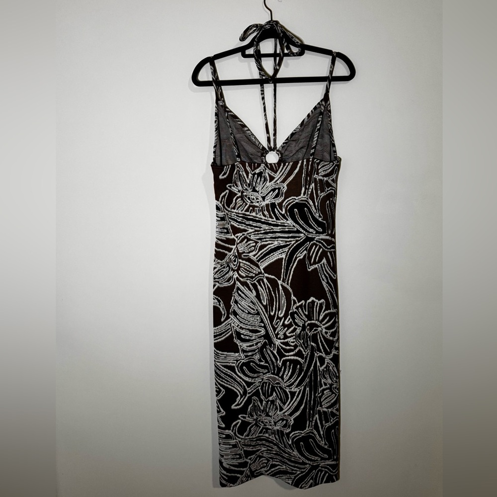 ZARA | Brown Jacquard Midi Dress Keyhole V-Neck Floral Size Medium - Picture 4 of 4